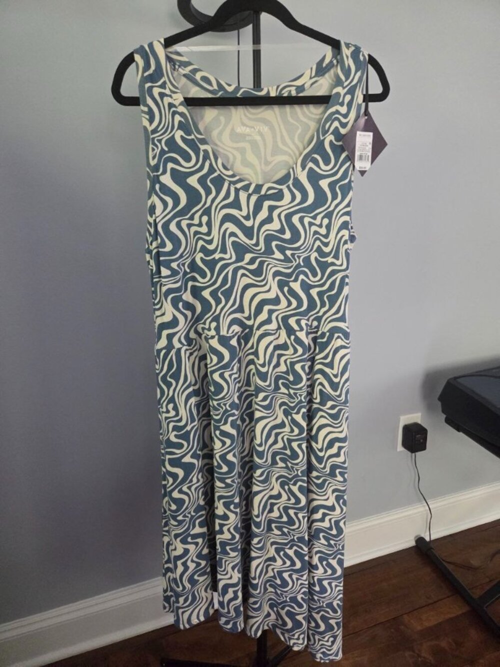 Ava & Viv Blue Swirl Midi Dress Plus Size 1X Sleeveless Tiered Pockets NWT